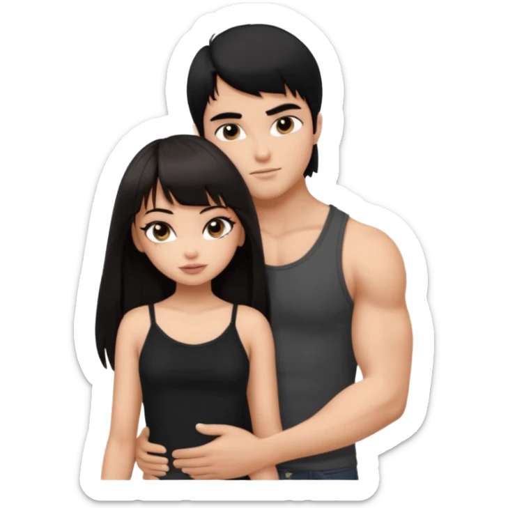 generate a pretty bratz girl in black cami top, dark brown straight long hair with bangs, eyeliner on, 

hugging a handsome muscular boy with black hair and a grey tshirt sticker