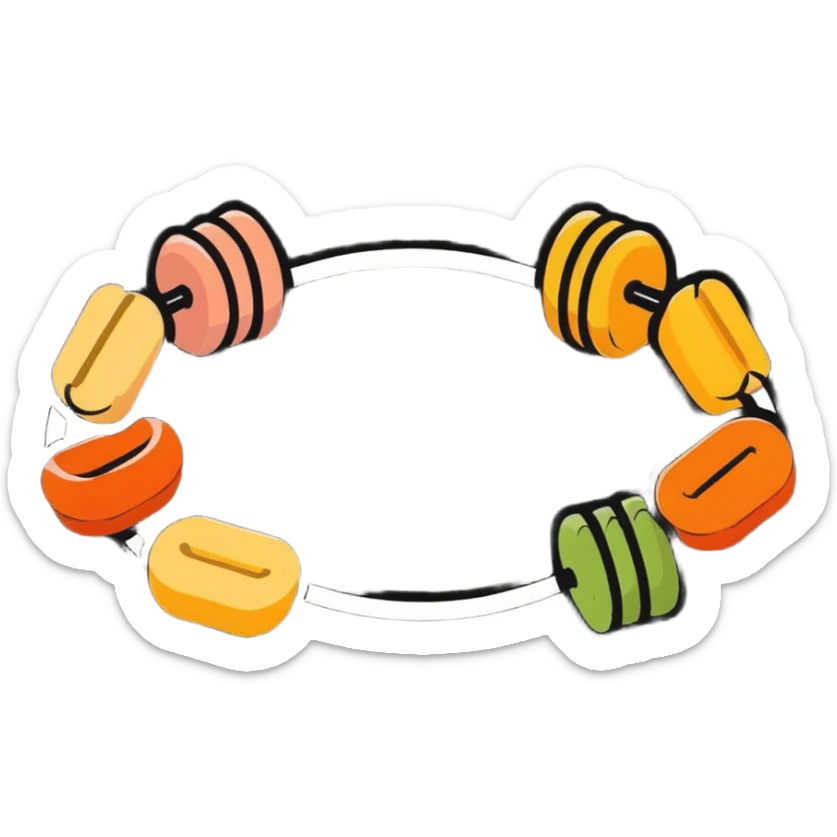 Vibrant muscle fibers in the center, with protein foods (meat, egg, beans, tofu, yogurt) connected together in a unified chain or cluster, floating together around the muscle fibers like a connected orbital ring. sticker