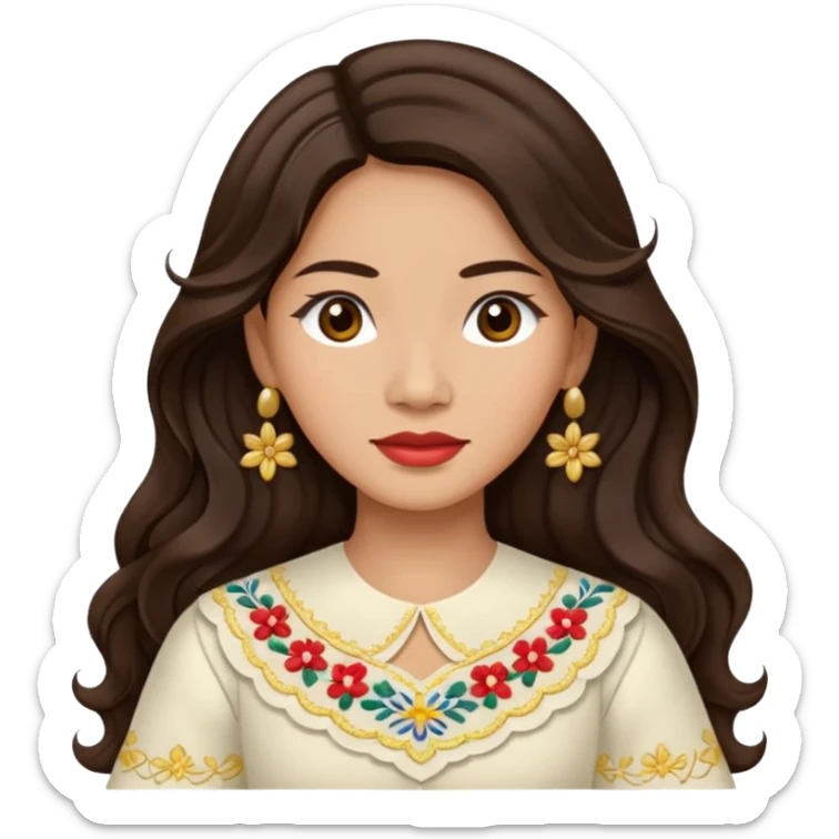 Filipino woman with long dark wavy hair parted in the middle wearing a traditional filipiniana sticker
