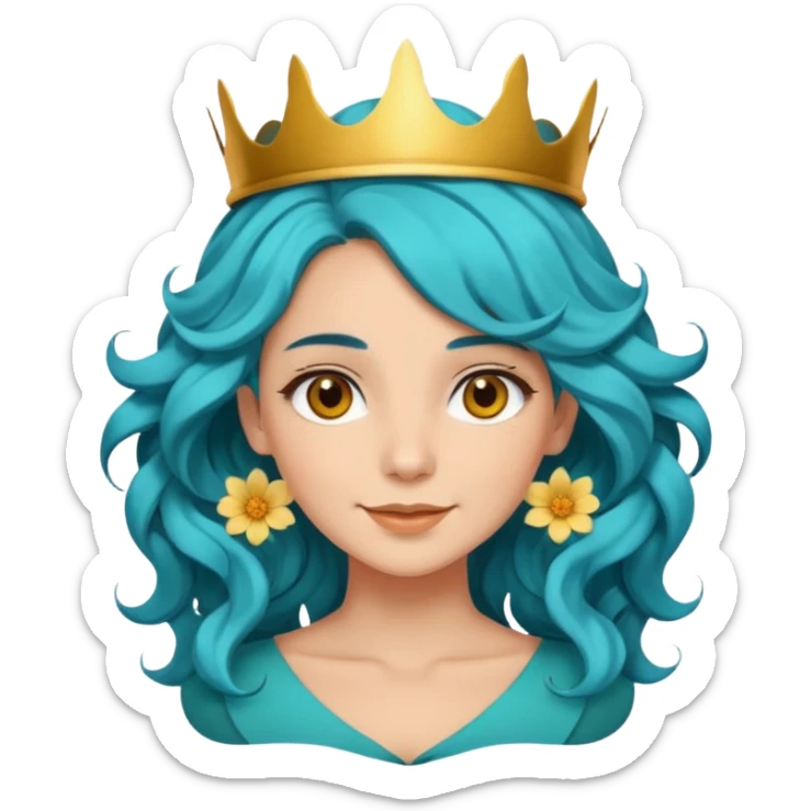 A woman with wavy teal-blue hair styled in loose curls. Her hair is adorned with large golden-yellow flower petals that resemble a crown. She has soft brown eyes, smooth skin, and a small friendly smile on her face. sticker