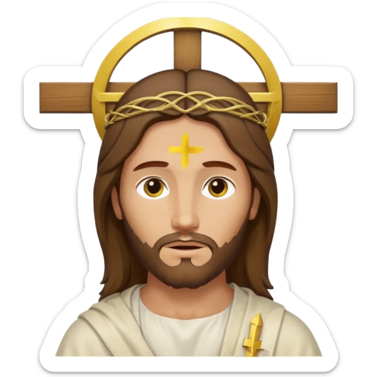Christian cross with a halo above it and Jesus Christ on it, simplified, iconic, yellow face, gentle expression sticker
