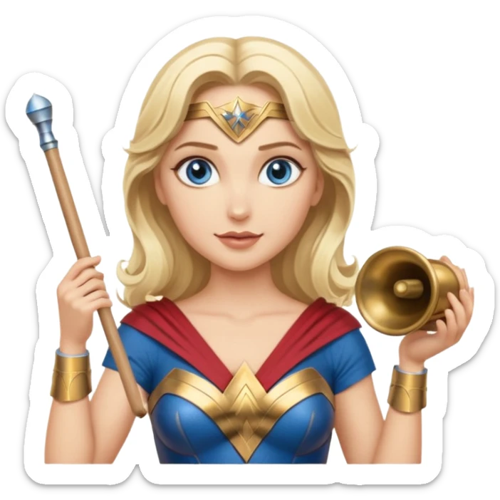 Blonde blue eyed Wonder Woman holding white orchestra conductor’s baton and bell sticker