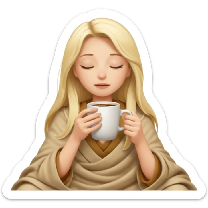 Blonde girl long hair inside a beige blanket sipping coffee eyes closed sticker
