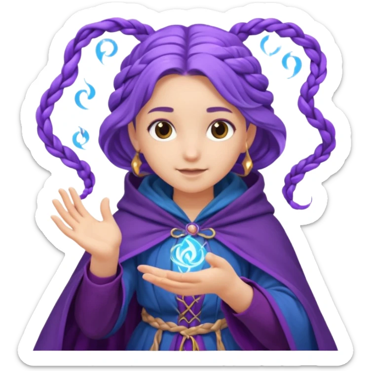 A playful mage girl with braids, purple cloak, and magic swirling around her hands.
 sticker