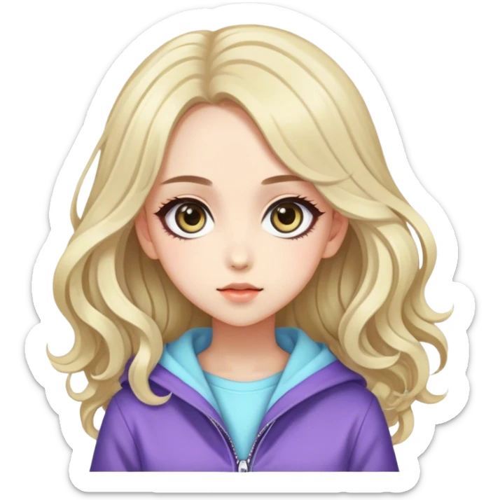 Pretty stylish anime character, real life, big eyes, cute, gorgeous hair, full body, stylish clothing, lady, young, romantic, colorful, detailed, cool design sticker