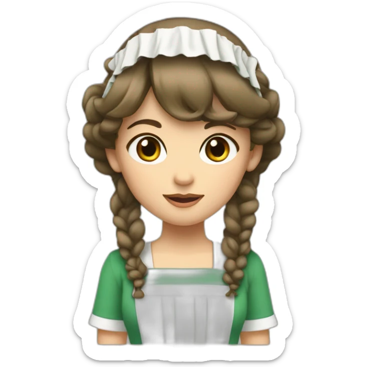 Maid with white skin, brown eyes and brown hair and bangs and side parted hair on her head with green headdress sticker