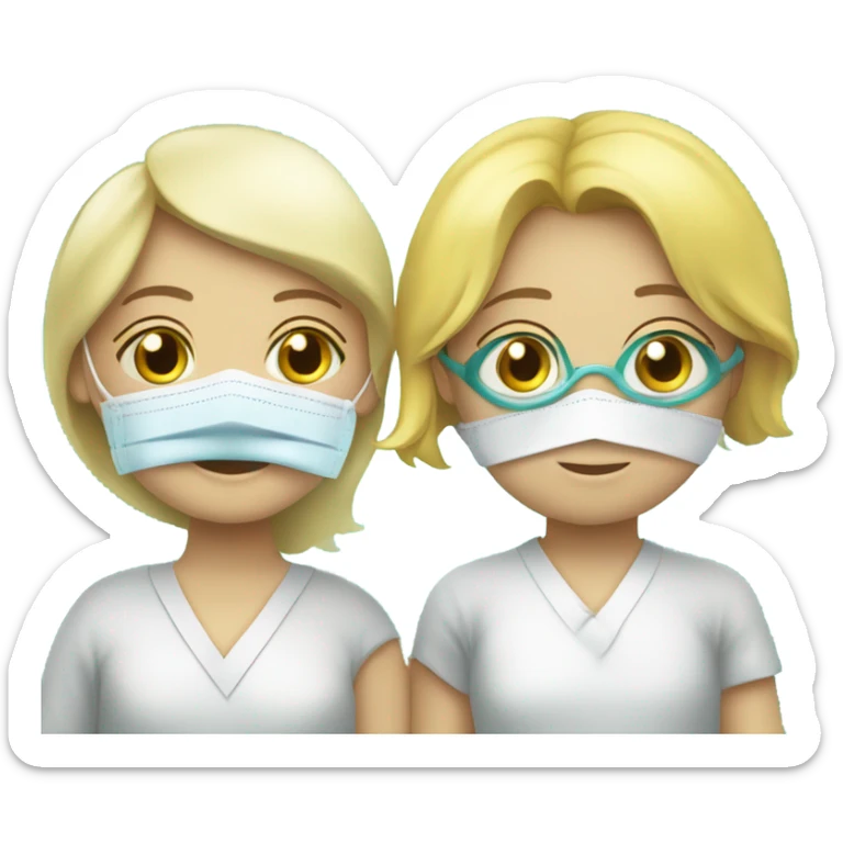 Two blonde children, sick, each in their own bed, wearing surgical masks, one Boy, one girl, at home, get well soon sign with yellow heart sticker