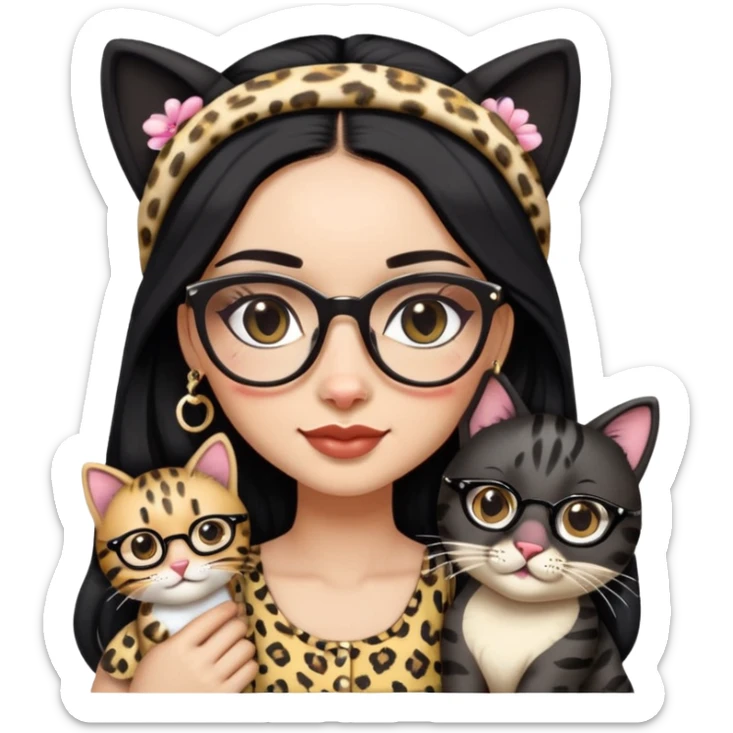 A woman with a cute face and long black hair, wearing a head accessory in a Western-style look. She has stylish makeup on and wears glasses with leopard-print frames. She’s dressed in a beautiful, charming sundress. She’s lovingly holding a black-striped cat  holding it in a sweet, affectionate way. sticker