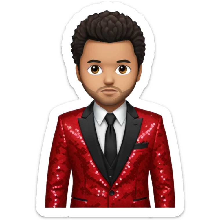 The Weeknd with dark brown hair, red sequin suit jacket, black shirt with tie sticker