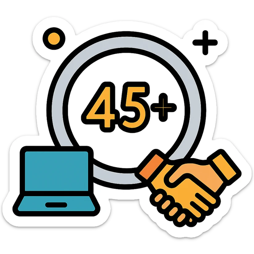 silver ring with number 45+ in center, surrounded by small icons of laptop and handshake, representing opportunities for older professionals, friendly professional style sticker