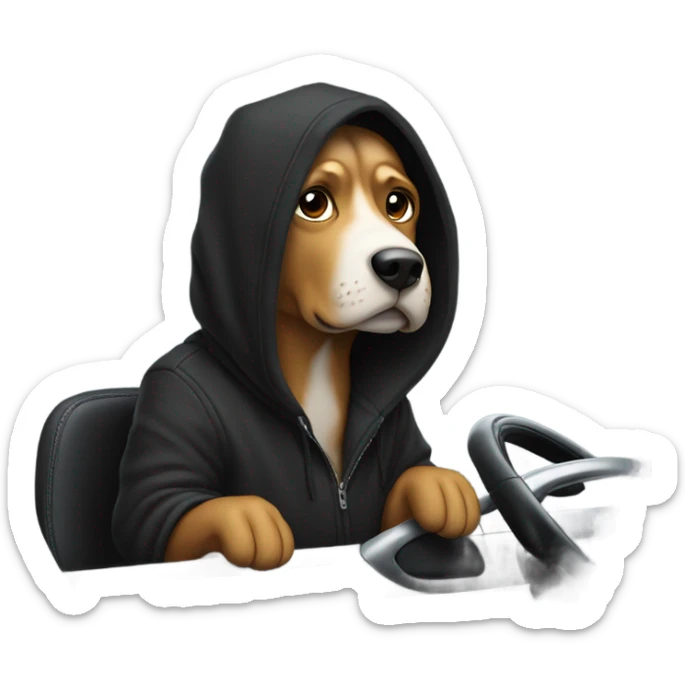 Person wearing black hoodie with dog on it draving a car  sticker