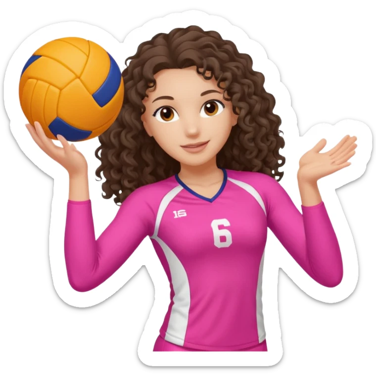 white brunette volleyball player with long curly hair wearing a pink outfit and ONE orange AND white ball sticker
