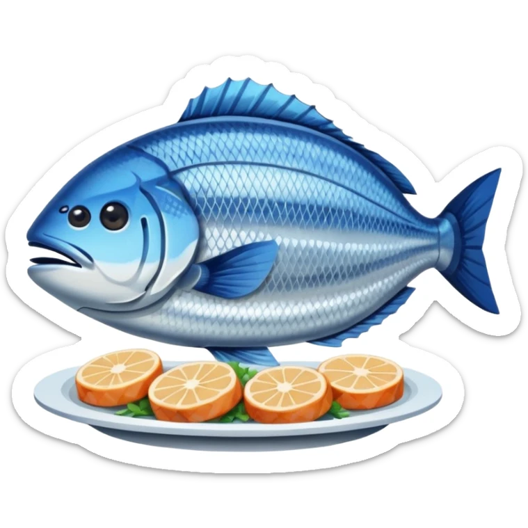 Fish dishes avatar in bright emoji-style illustration. Grilled fish, fillets, and seafood, blue and silver tones, simple shapes, flat design, fresh and flavorful. sticker