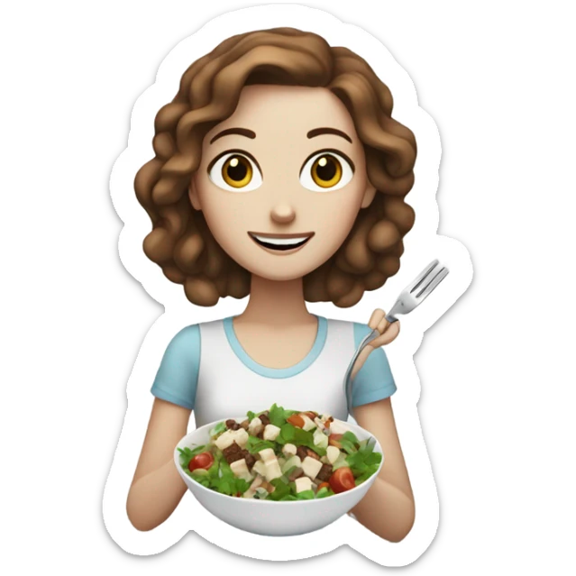 White girl with freackles Brown hair blue eyes eating Tofu salad with fork sticker