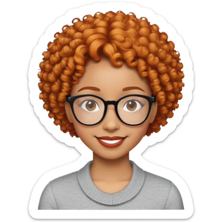 light skin black woman with short ginger curly hair and glasses, smiling sticker