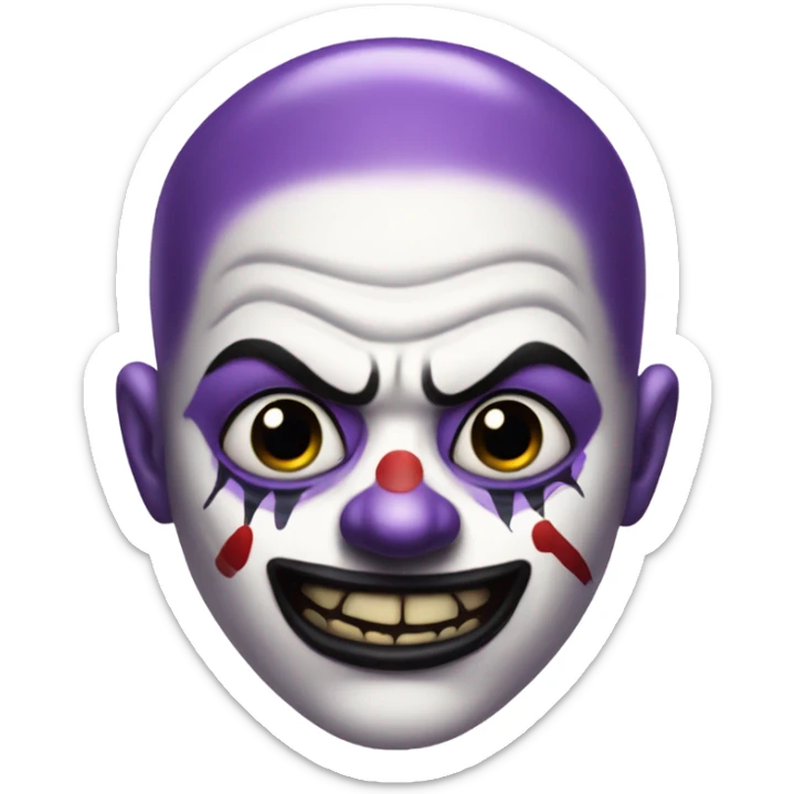 evil clown, bald top of head, purple hair on side of his head that stick out, scars on his face, black lipstick sticker