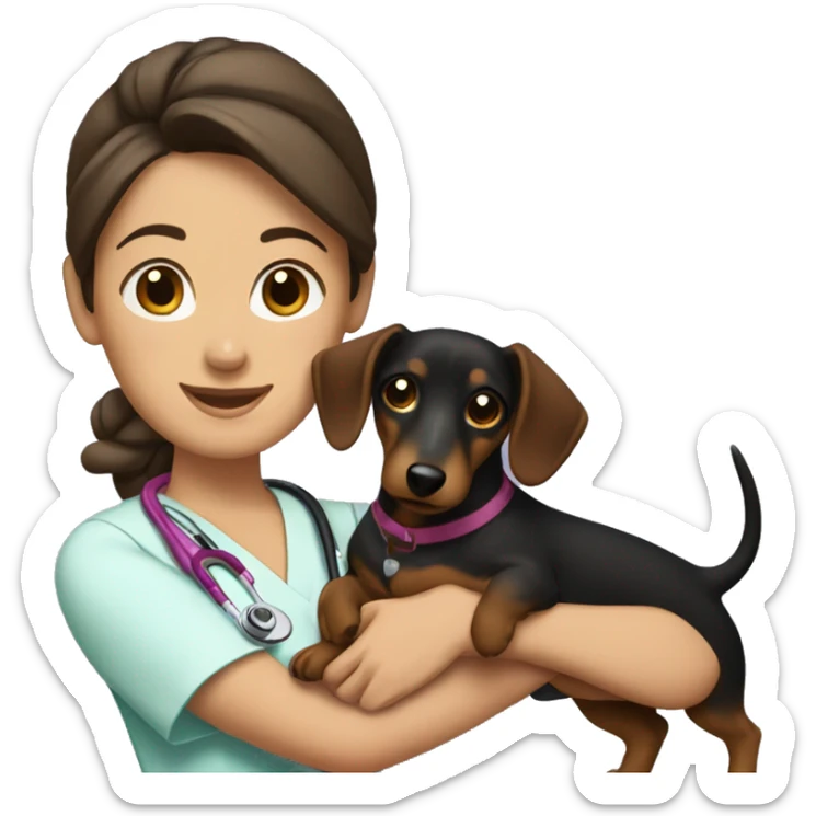 Brunette woman with a top knot wearing scrubs holding a dachshund in her arms sticker