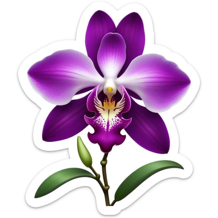 Cinematic Realistic Orchid Emoji, Exotic and elegant, with intricate, velvety petals in deep purple and white, forming a delicate and symmetrical blossom. The slender green stem holds the flower high, while surrounding leaves add lush contrast. Soft glowing outline, capturing the essence of rare beauty and sophistication in a captivating orchid. sticker