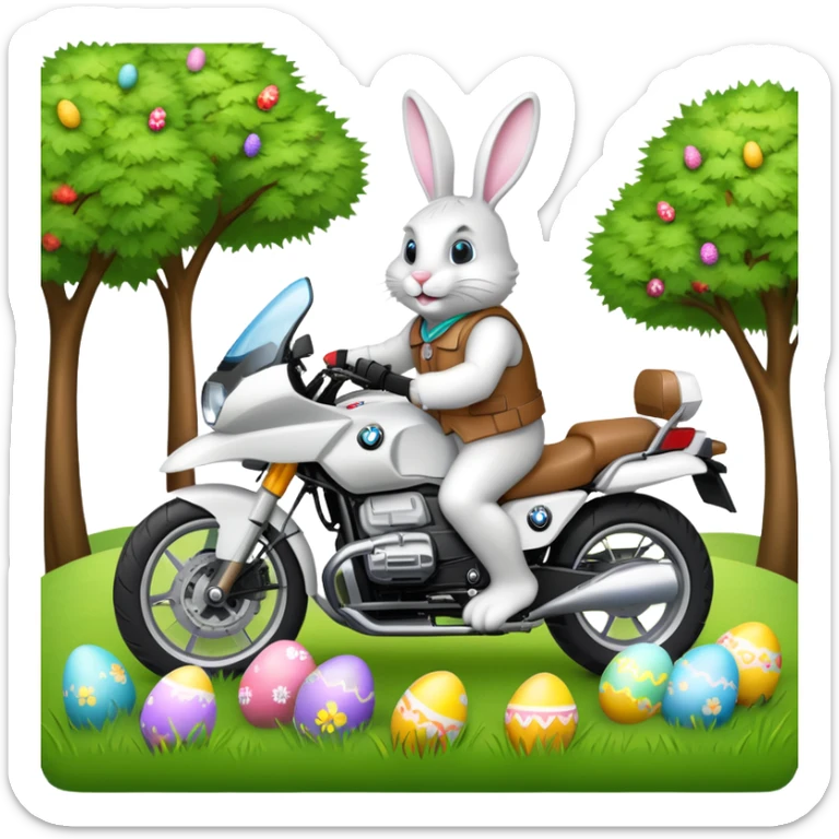 Easter bunny riding a BMW boxer motorcycle with trees and grass in the background and colorful Easter eggs hidden in the grass sticker