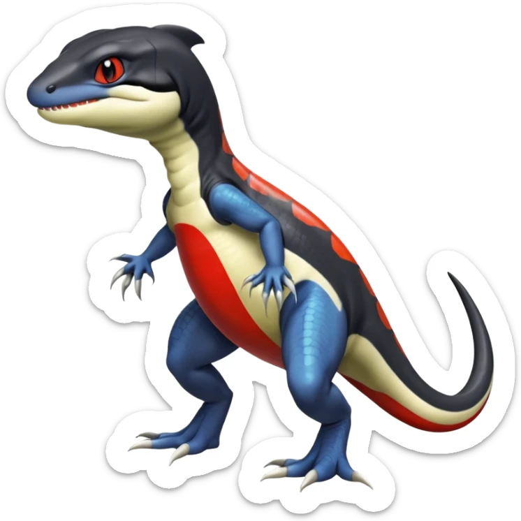 Black and white Orca-hybrid-reptile-reptilian-lizard-skink-gecko-Digimon-Fakémon-Pokémon-fusion-hybrid full body, two legs, two arms, claws, anthropomorphic, with red stripe sticker