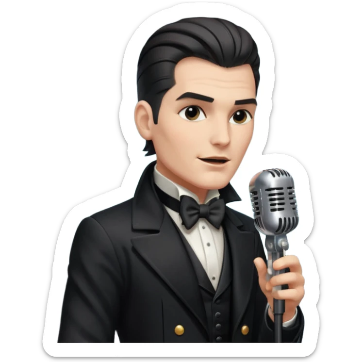 cinematic - aesthetic shiny glowing lighting - in details ultra HD portrait of musician Falco - wearing black tailcoat and sings on a retro antique microphone sticker