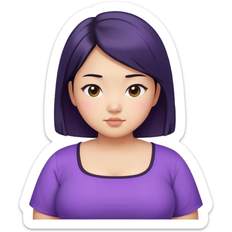 a girl that is asian, chubby, has black waist length hair, and cool tone skin with purple square neck shirt.   sticker