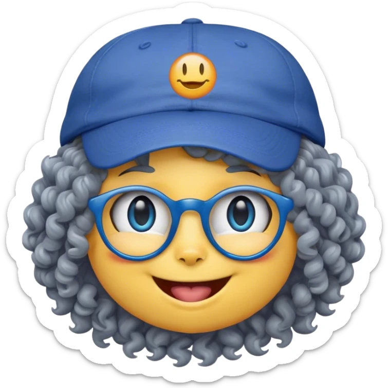yellow female smiley face emoji, big smile, winking, wearing a backwards blue ball cap, grey curly hair, cat eye glasses, no eye colo sticker