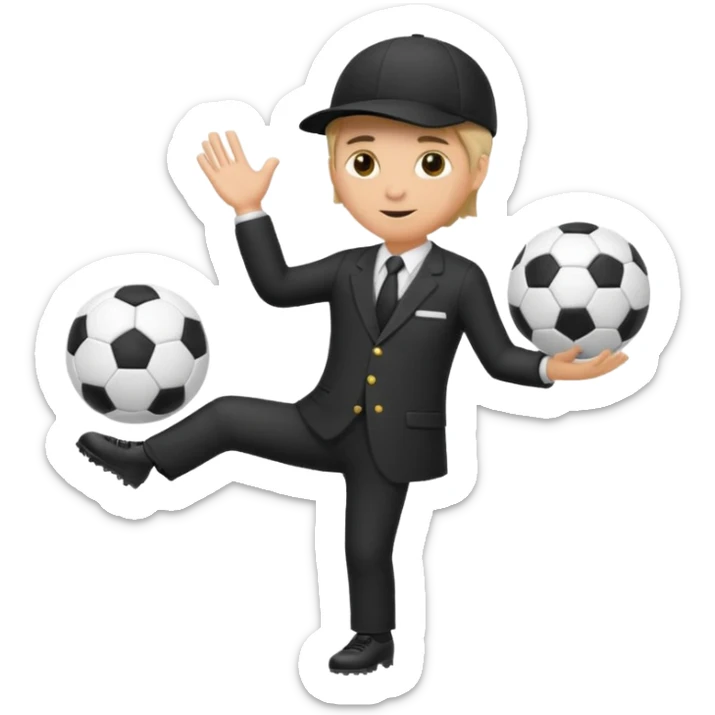 Director tecnico de futbol, con un traje negro, gorra y un balon de futbol bajo el brazo sticker