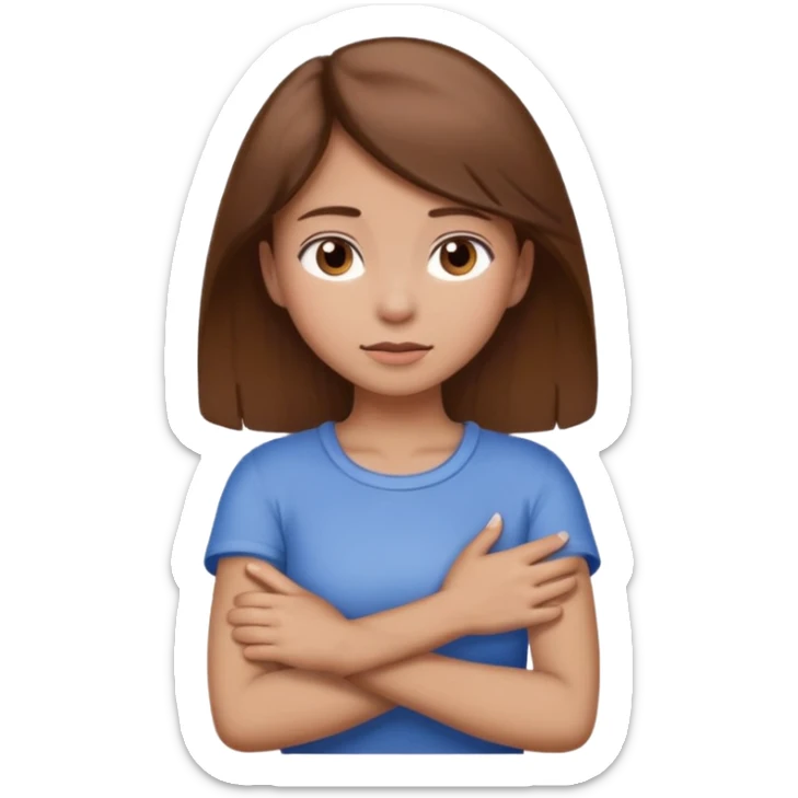 Girl with brown hair race white crossing her arms holding her neck sticker