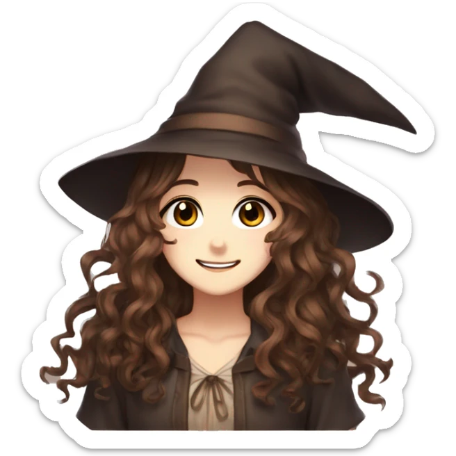 anime girl long brown wavy hair, brown eyes, witchy style, happy sticker