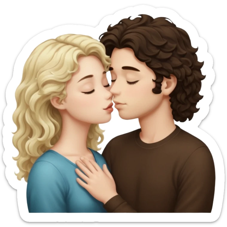 Tall White Italian boy with dark brown wavy fluffy hair and blonde wavy hair girl that's pale with wavy hair kissing with eyes closed  sticker