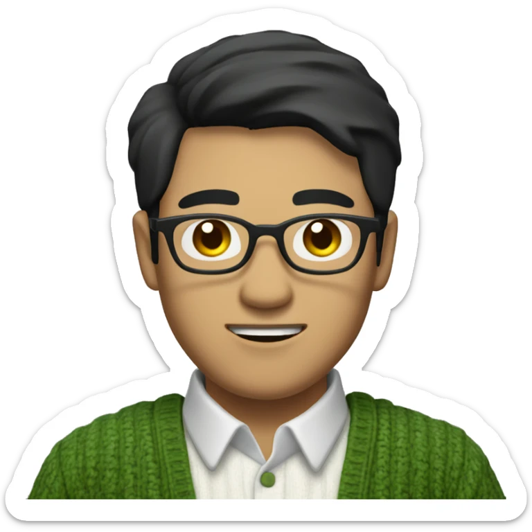 Asian guy with black hair that is parted 50/50 dressed in white button up shirt with green sweater holding a glass of wine sticker
