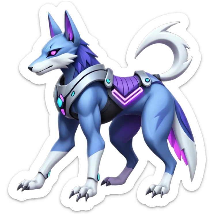 Silver black onyx and indigo and purple and violet cyberpunk intricate neon glowing grey white futuristic cyborg-Anubis-Zeraora-Zoroark-fusion (full body) sticker