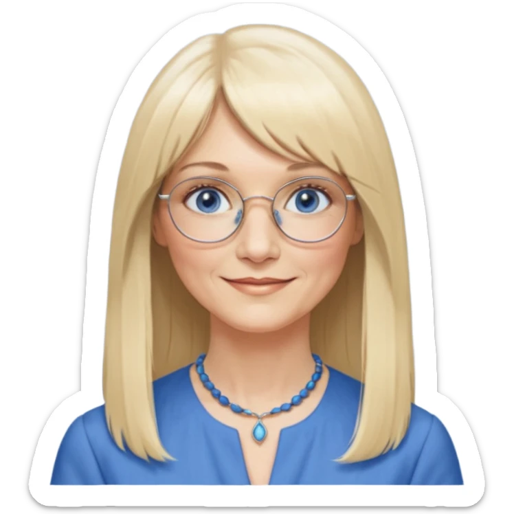 50 yr old white woman, hippie parted very long hair, short bangs, very long straight blond hair, oval face, small smile, blue eyes, thin face, hair downback, hair parted at center of head, round cheeks, pale, longer hair, business dress, long hair, big square glasses, long hair sticker