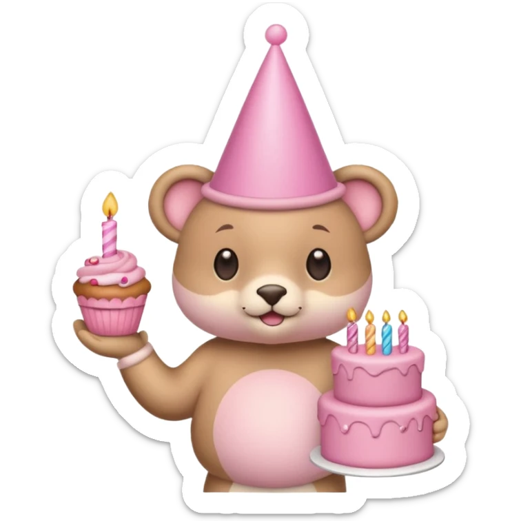 cute animal hold a pink birthday cake in both arms with pink birthday hat sticker