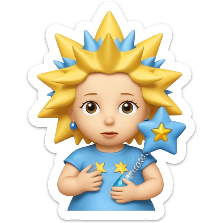 A 3D cartoon close-up of Maggie Simpson, baby from The Simpsons, rendered in Memoji-style with smooth yellow skin, spiky star-shaped hair, blue pacifier, and simple shading. Bright studio lighting, cinematic close-up framing consistent with Bart, Marge, Homer, and Lisa. sticker