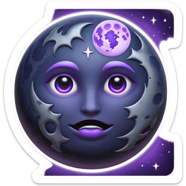 iOS emoji, dark moon, silver outline, mystical symbols, dark fantasy, smooth texture sticker