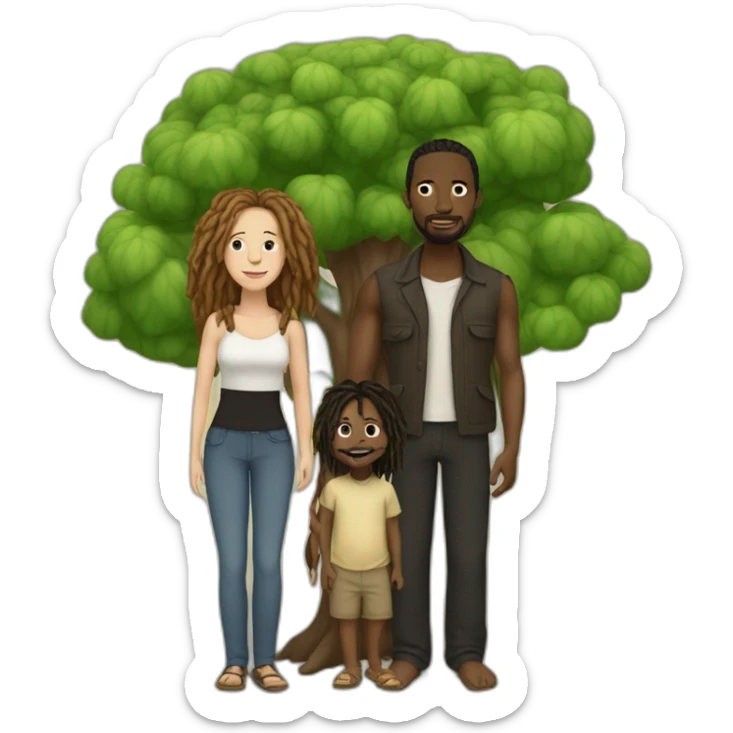 Family of trees white woman browns black man with dreadlocks and a baby sticker