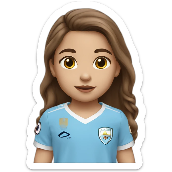 2 year old girl with long brown hair and eyes wearing Manchester City football shirt sticker