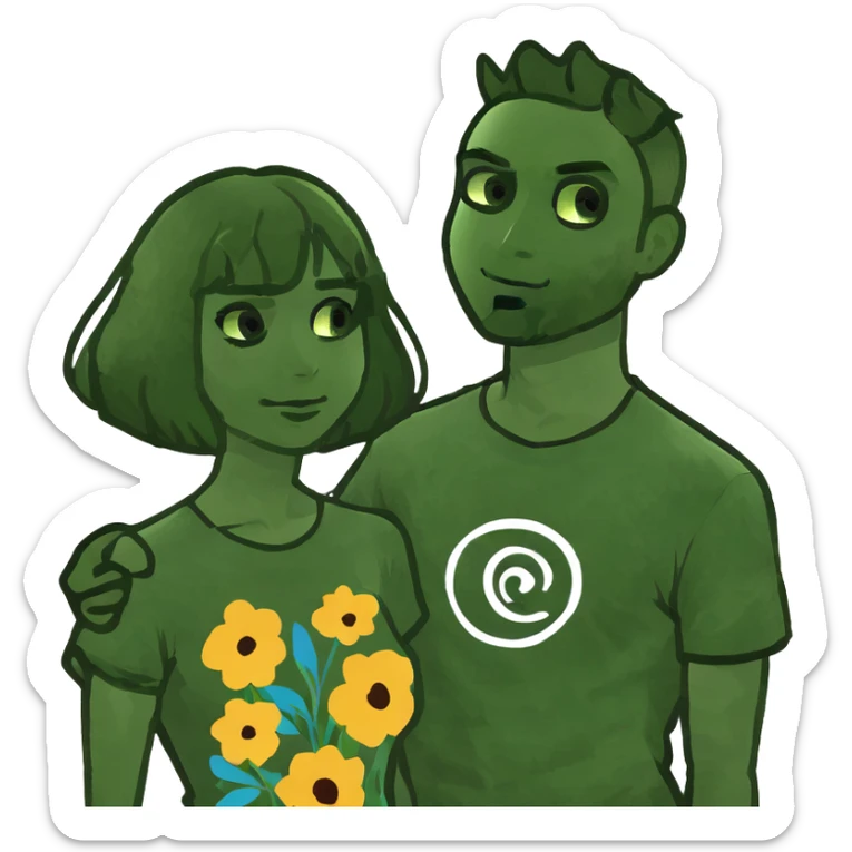 A blonde girl with fair skin and green eyes and light pink lips a guy with black hair and fair skin and green eyes are kissing sticker