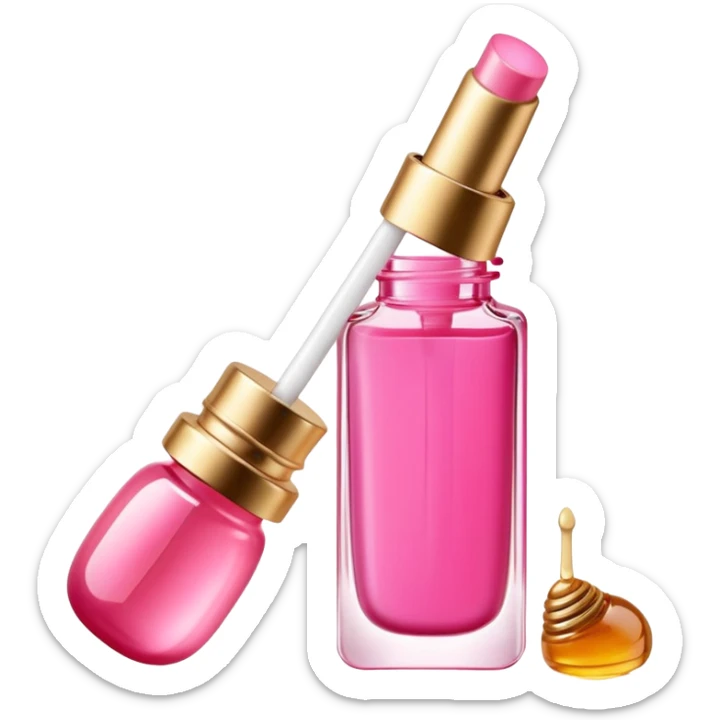 Gisou lip oil in pink color, small transparent bottle with gold cap, pink-tinted lip gloss, honey-infused beauty product sticker