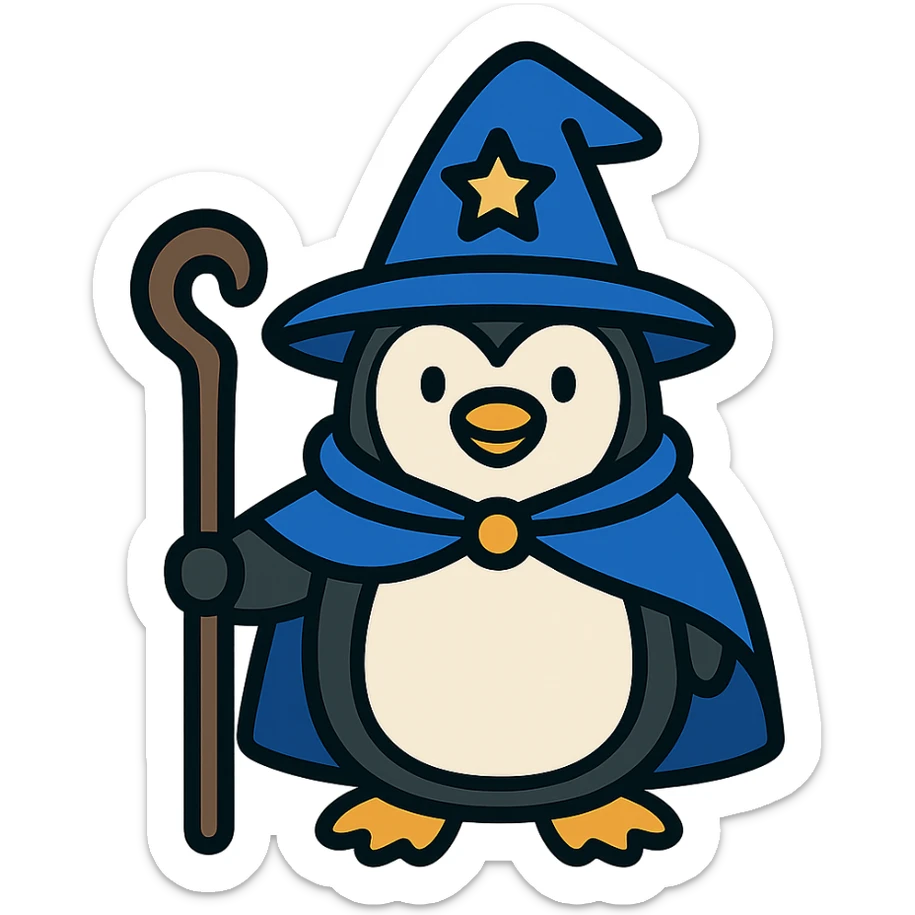 color outline icon of a penguin wizard with staff and hat sticker