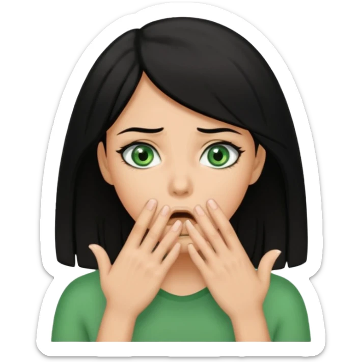 A realistic half-length portrait of a frightened woman with hands to her mouth, black hair and green eyes sticker