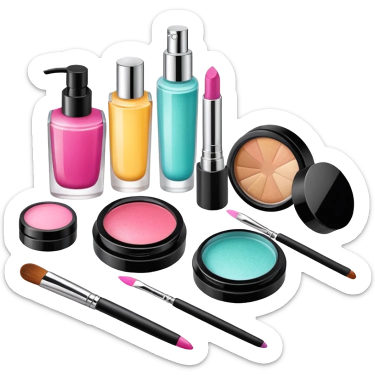 Productos de skincare aesthetic y maquillaje muchos productos en una mesa sticker