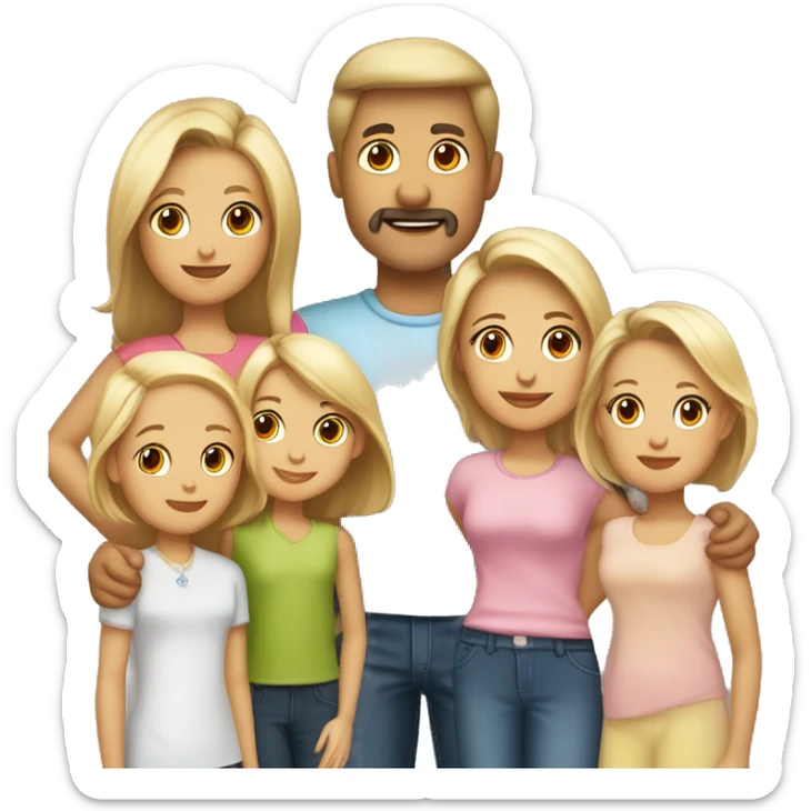 a 4 family member  with a mom and dad and two children girls, daughters two blondes 14 years old and 10 years old, mom about 32 years old and also blonde with a bob, and dad has brown hair about 40 years old sticker