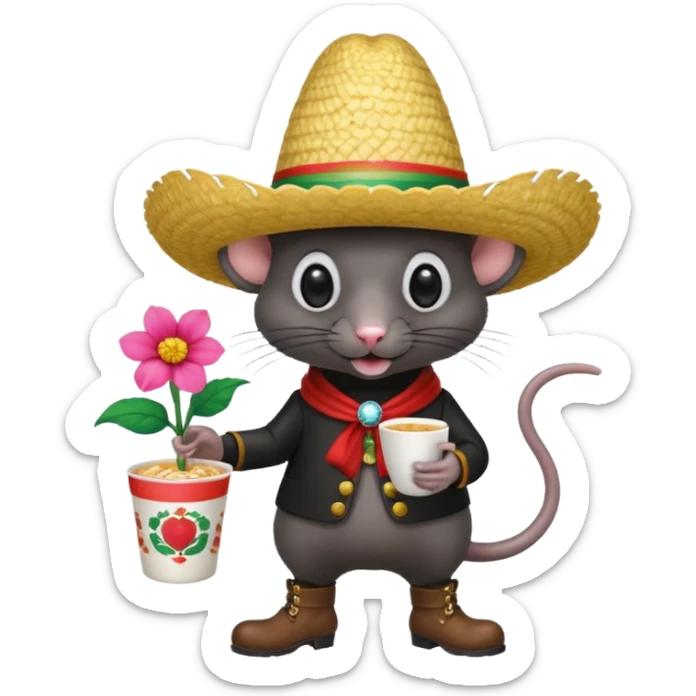 Rat eating a cup noodle in one hand and a flower in the other with boots on for rain and that has one eye that looks like a disco ball as well with a Mexican hat one with a big nose and the rat has to be black  sticker
