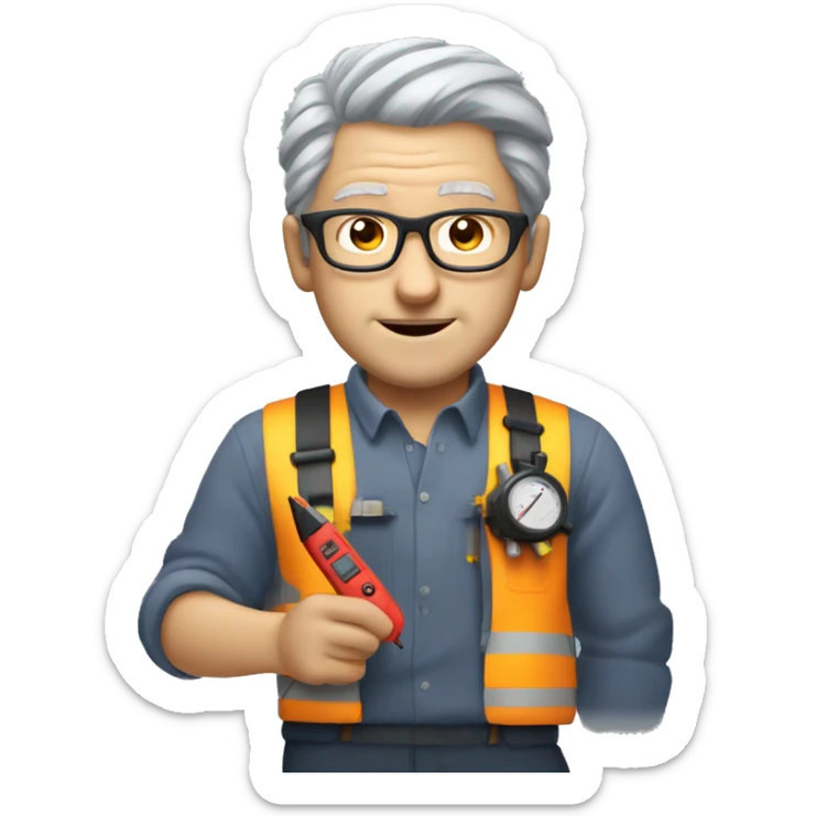 this man grey hair with less hair and glasses and dressed like an electrician with multimeter sticker