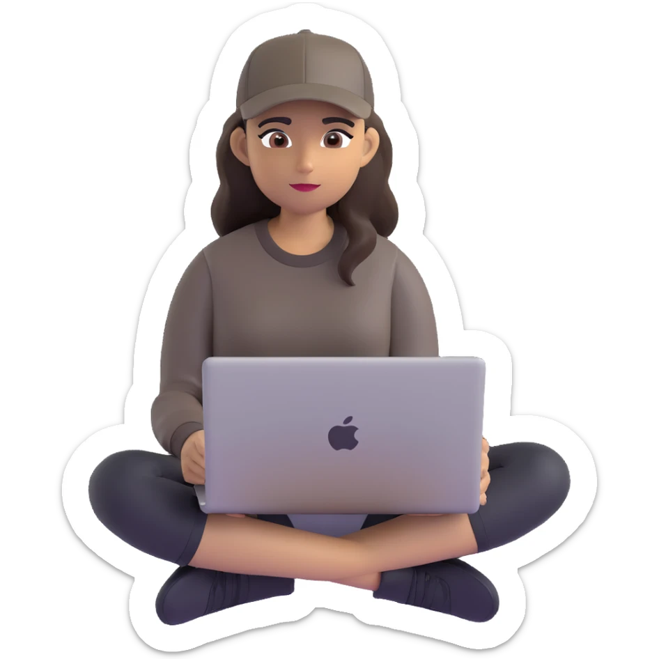 A professional 3D avatar of a young woman with olive skin and long, dark brown hair, wearing a dark, long-sleeved dark taupe shirt and a black baseball cap. She's sitting at a sleek wooden desk, typing on a silver MacBook. sticker