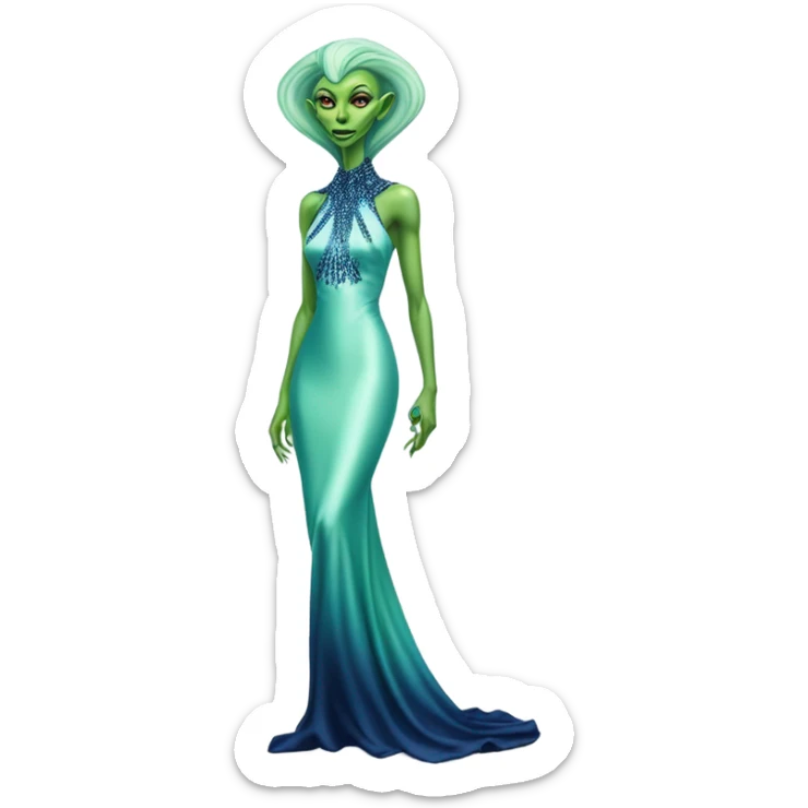 reptilian green alien woman, in long slim pastel blue formal party satin dress with gradient shiny sparkling navy blue diamonds embroidered, full body full figure sticker