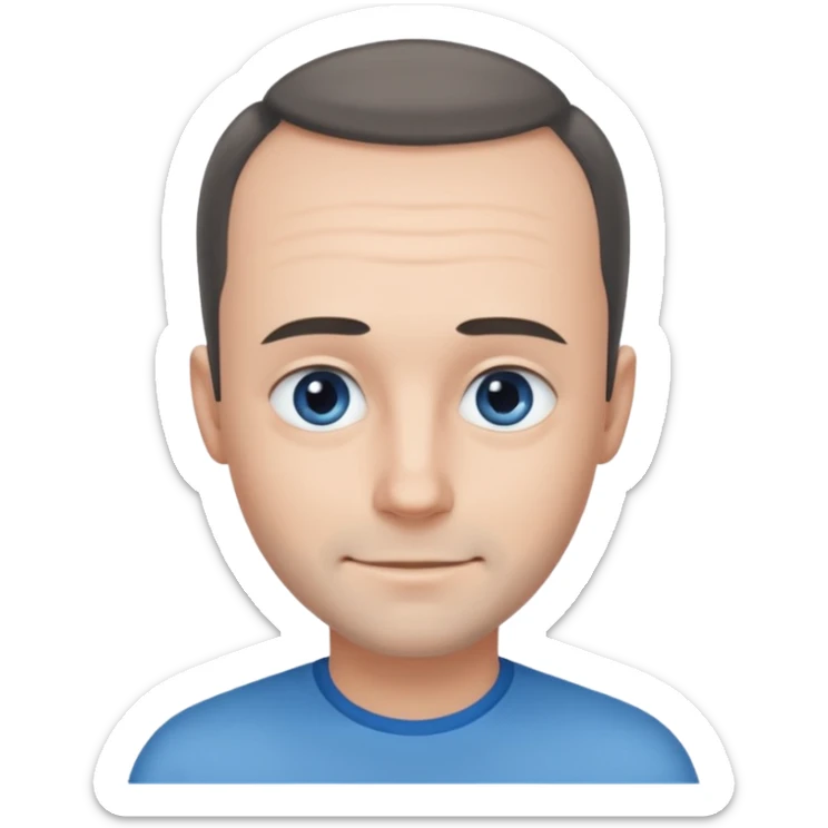 Man with black-greyish receding hairline, some hair on top, small blue eyes, clear face, shy smile sticker